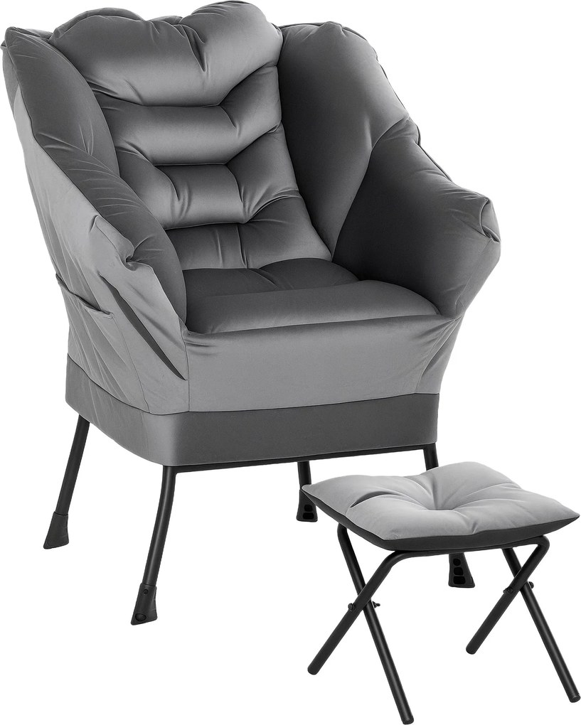 HOMCOM Fotel Szett Lábpihentővel a Nappaliba, Fotel Háttámlával, Karfákkal és 2 Oldalzsebbel Vellut Hatású Anyagból, PP Pamutból és Acélból, 80x78x100