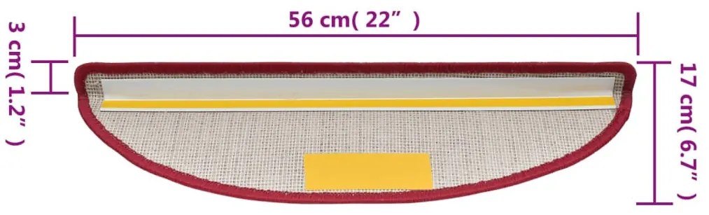 10 db lépcsőszőnyeg 56 x 17 x 3 cm bordó félkör alakú
