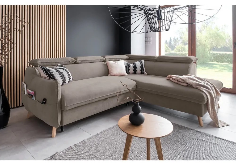 Világosbarna bársony kinyitható sarokkanapé (jobb oldali) Sweet Harmony – Miuform