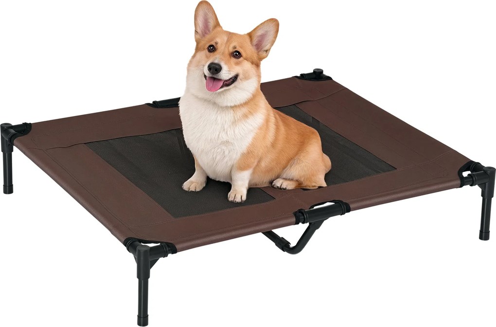 PawHut Kutyafekhely Kültérre, Hűsítő Ágy Nagy Kutyák Számára, Emelt Kutya Ágy Szilárd Fém Kerettel, Lélegző Hálóval Kertbe, 92 x 76 x 18 cm, Kávébarna