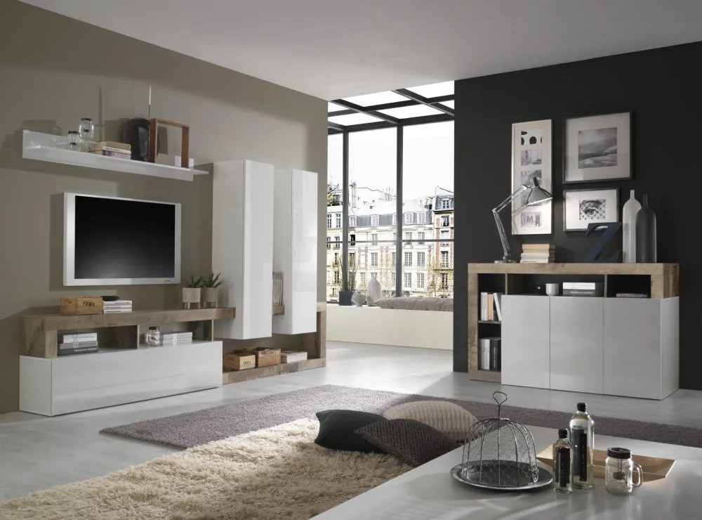 Hamburg TV állvány fehér, pero tölgy 277 cm
