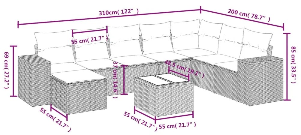 9 részes szürke polyrattan kerti ülőgarnitúra párnákkal