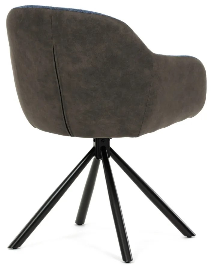 Scaun de sufragerie pivotant, țesătură albastră și țesătură gri închis, cu decor vintage din piele, metal negru, rotativ P90°+ L90° cu mecanism de retragere