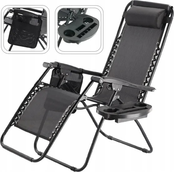 Összecsukható Kerti Napozóágy Zsebbel És Fejtámlával, Fekete