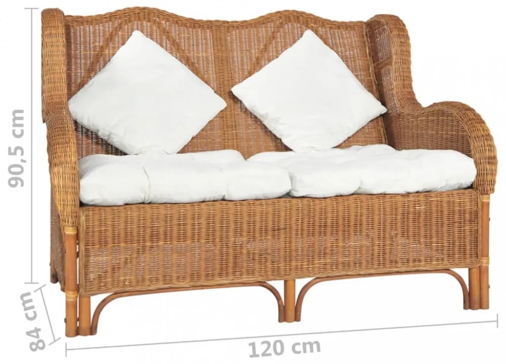 2 személyes világosbarna természetes rattan és lenvászon kanapé