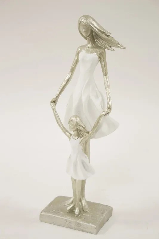 Ezüst hölgy elegáns fehér ruhában kislányával dekorfigura 33x11x7cm