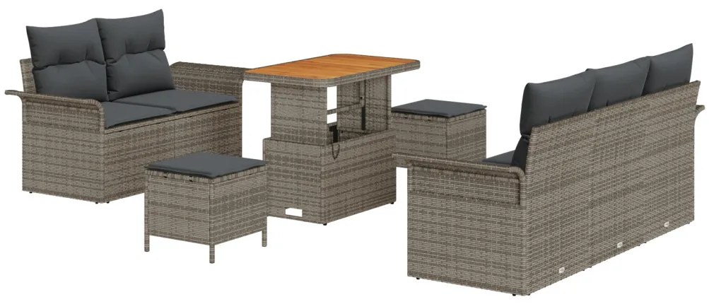 8 darabos Kert Kanapé Szett Párnákkal Szürke Poli Rattan Acacia, 2-Fős Kert Kanapé Párnákkal Szürke Poli Rattan, 3 darabos Kert Étkező Szett Párnákkal Szürke Poli Rattan Acacia