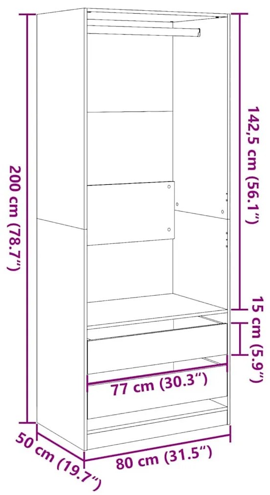 antik fa színű szerelt fa ruhásszekrény 80 x 50 x 200 cm