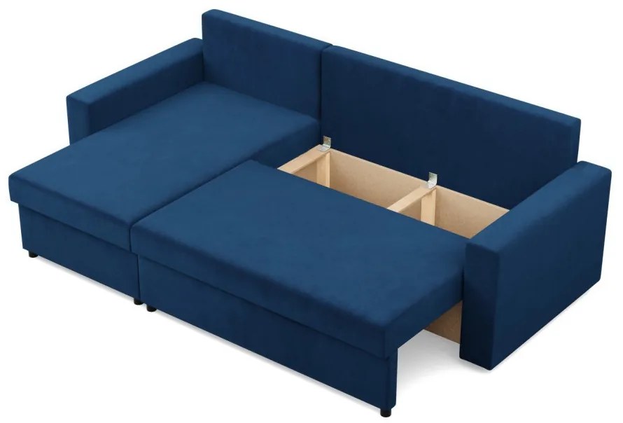 Zeus sarokkanapé, 2 ágyneműtartóval, egyenes kartámasz, bársony, univerzális oldal, bonell töltet, kék