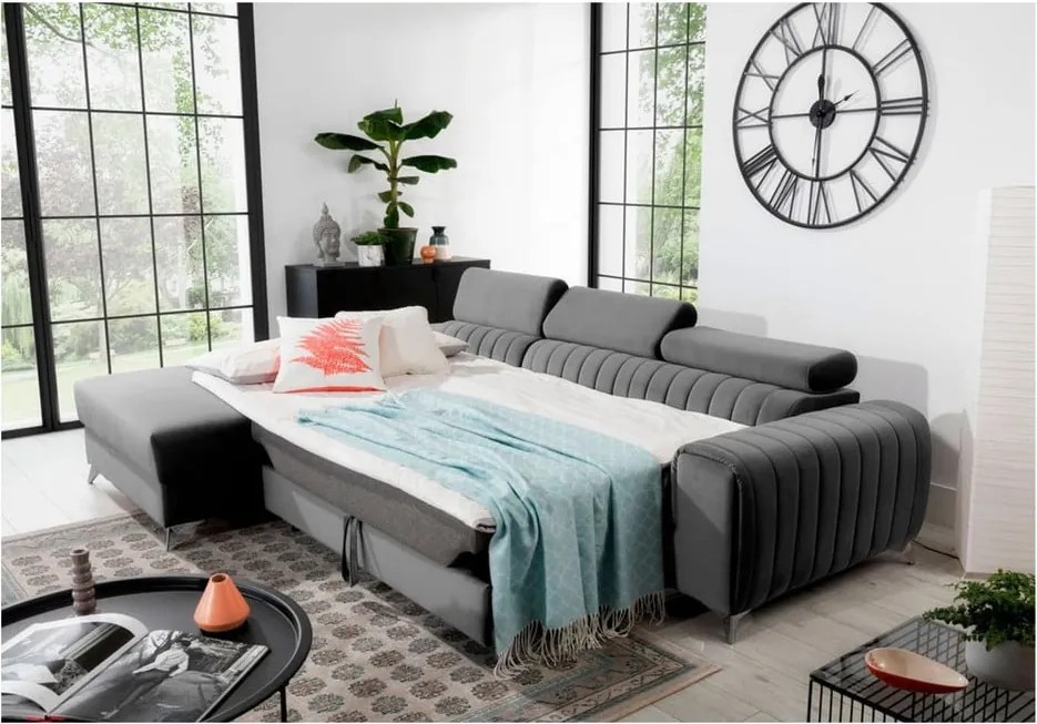 Szürke bársony kinyitható-tárolóhelyes sarokkanapé (bal oldali-heverő résszel) Grayson – ELTAP