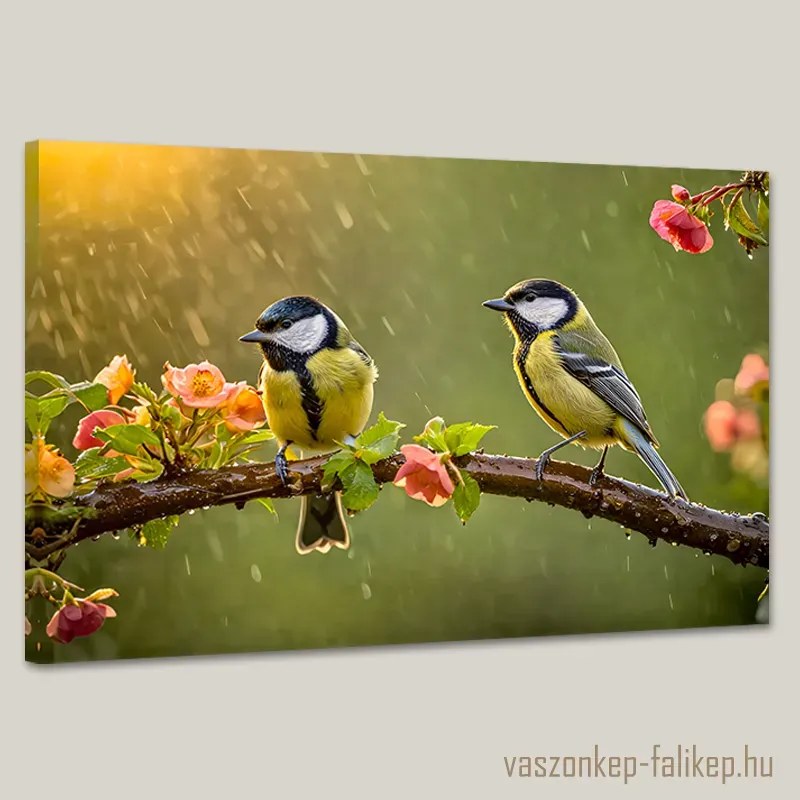 Két széncinege az esőben – természet ihlette prémium falikép 60x40 cm