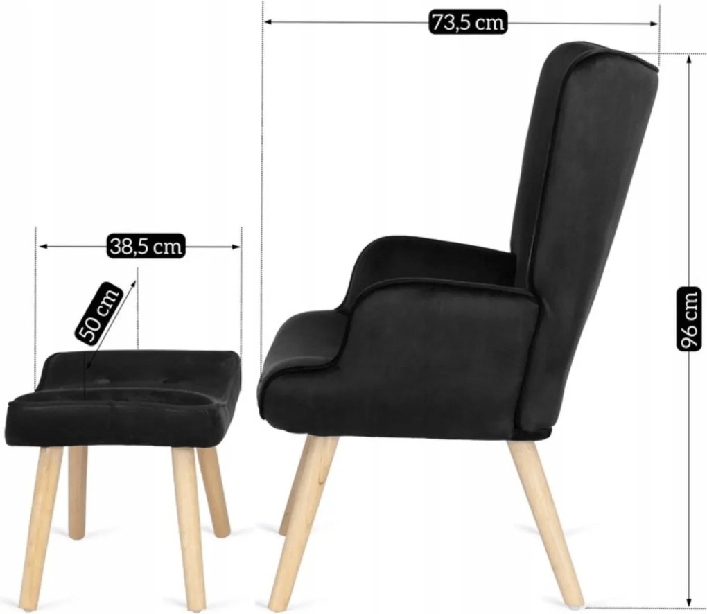 Pihenőfotel fekete színben, bársony kárpittal, lábtartóval LOZANO