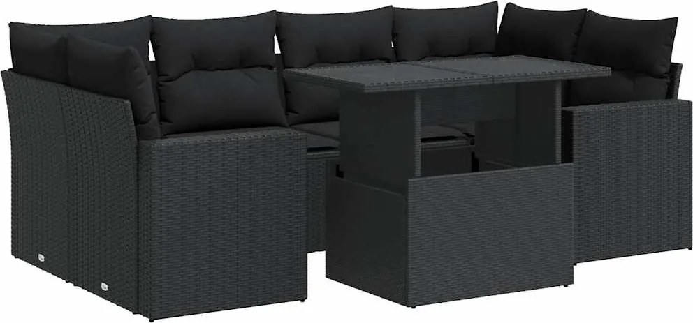 vidaXL 7 részes fekete polyrattan kerti ülőgarnitúra párnával