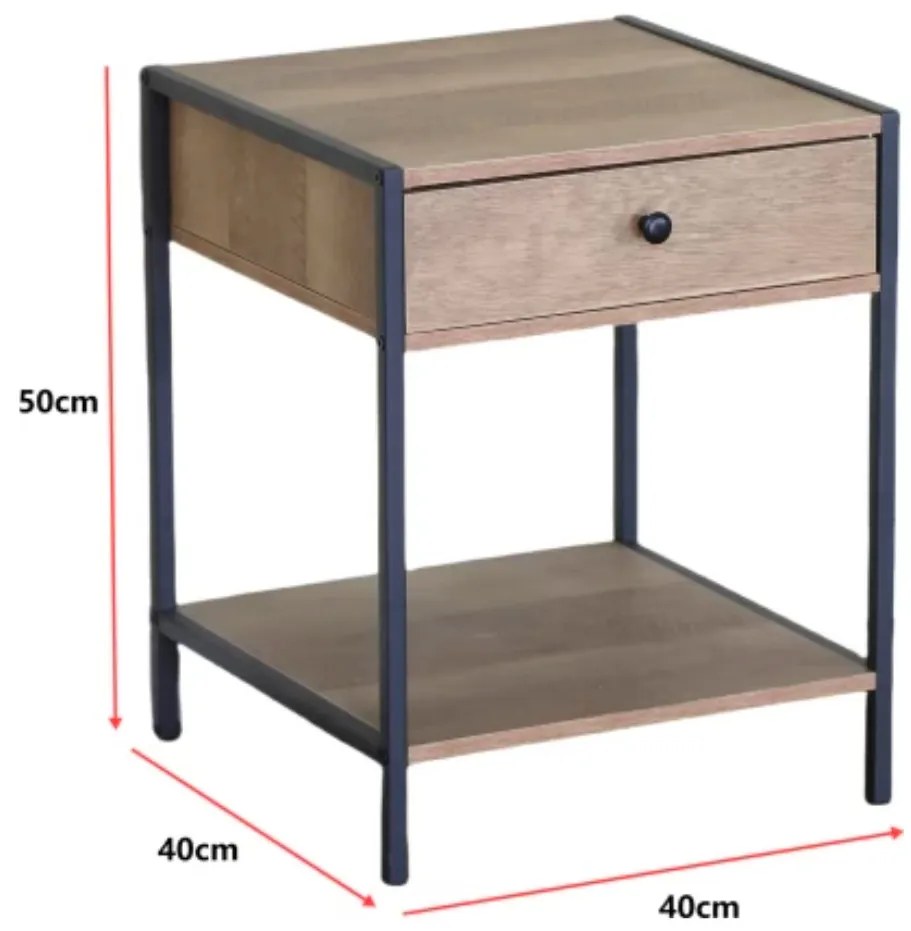 Intenso Home kisasztal / éjjeliszekrény fiókkal 40 x 40cm fém lábbal modern tölgy színben hálószobába nappaliba | Masszív fém váz