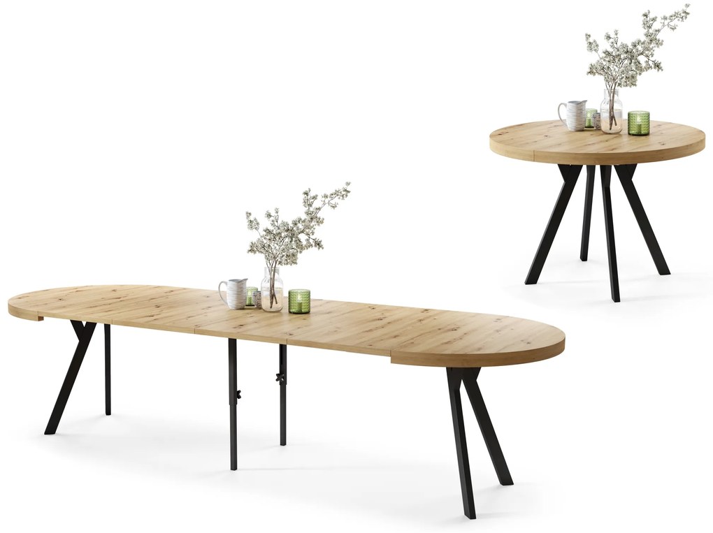 Mazzoni VITO Artisan Tölgy/fekete lábak - LOFT/IPARI STÍLUSÚ 310 cm-re BŐVÍTHETŐ NAGY KEREK ASZTAL Ø110 Y LÁBAKKAL