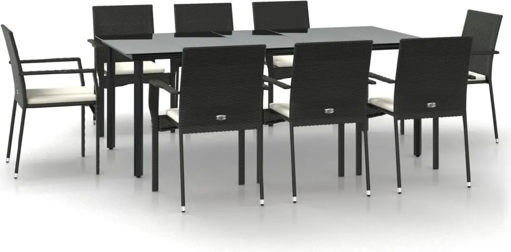 vidaXL 9 részes fekete polyrattan kerti étkezőgarnitúra párnákkal