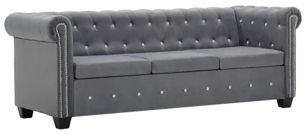 szürke 3 személyes bársony Chesterfield kanapé 199x75x72 cm