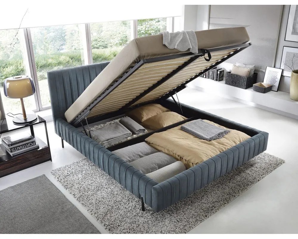 Kék kárpitozott ágyneműtartós franciaágy ágyráccsal 180x200 cm Plissa – ELTAP