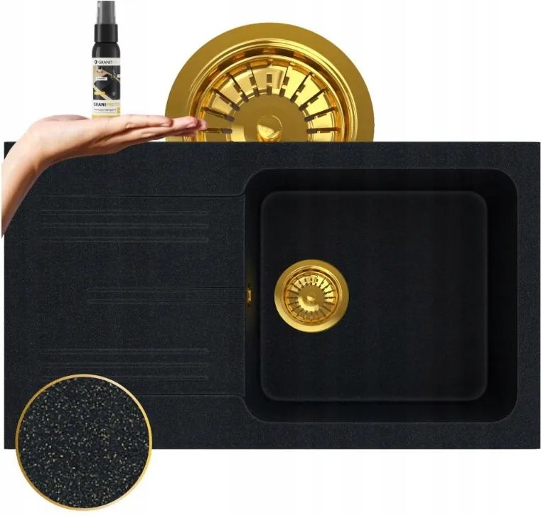 Mosogató Egykamrás gránit mosogató fekete arany szemcsék Ada Szifon