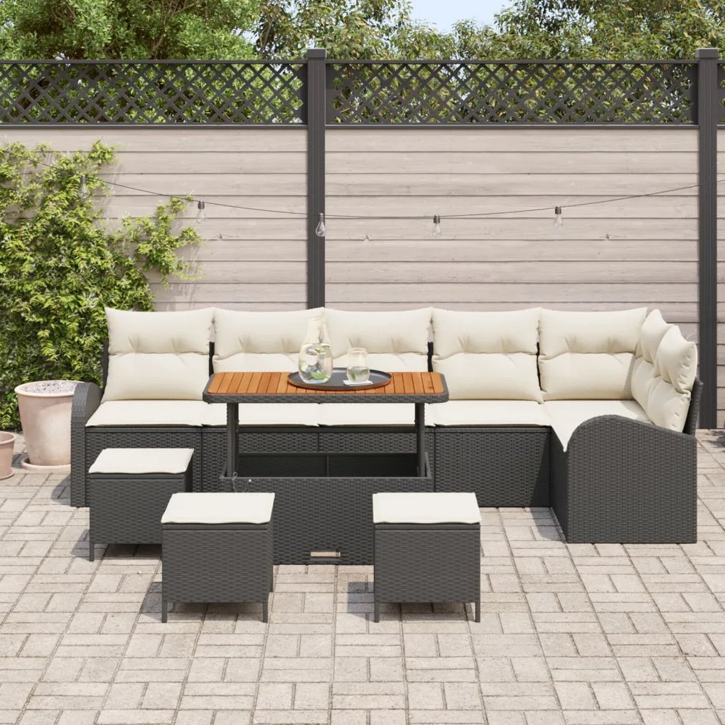 10 Darabos Kerti Kanapé Szett Párnákkal Fekete Poly Rattan Akáccal, 2-Fős Kerti Kanapé Tárolóval &amp; Párnákkal Fekete Poly Rattan, 4 Darabos Kerti Étkező Szett Párnákkal Fekete Poly Rattan Akáccal