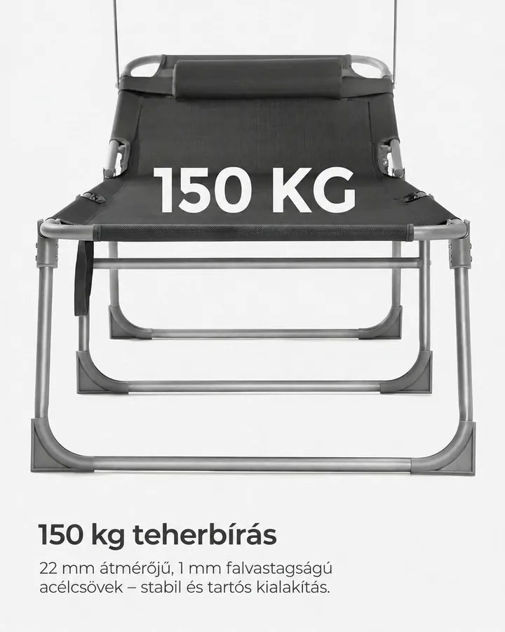 Összecsukható napozóágy napellenzővel 53 x 193 x 29,5 cm, 150 kg-ig terhelhető, sötétszürke