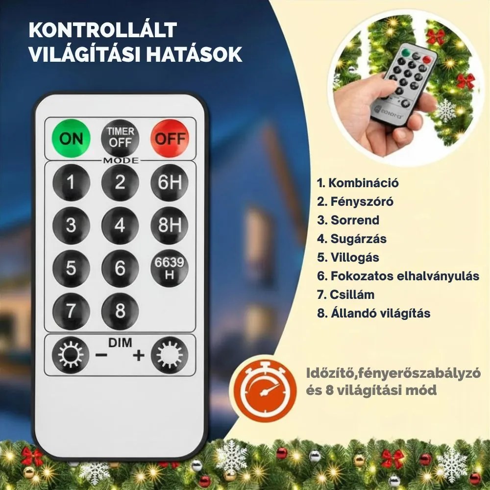 ANDREA karácsonyi girland világítással és távirányítóval, 5 m, zöld Casaria