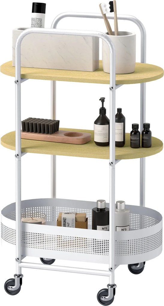 HOMCOM Görgős Használati Kocsi 3-Szintes Konyhai Kocsi Tároló Kocsi Kosárral és Polcokkal – 30 kg teherbírása Étkezőbe, Nappaliba, Hálószobába 49,5x32