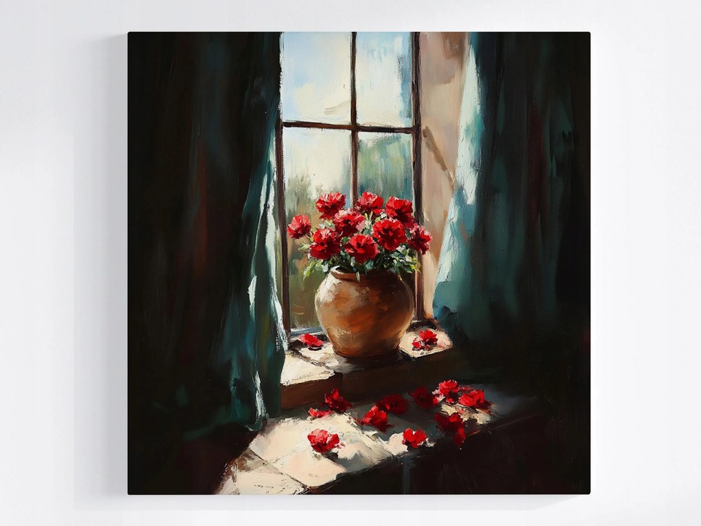 Canvas Vászonkép Piros Virágok Az Ablakban Váza Rózsák Vintage 80x80