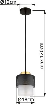 Globo 15709H Függeszték fém fekete matt, üveg átlátszó, fém sárgaréz színű, kábel textil fekete, magassága állítható, ø: 180mm, M: 1200mm, 1x E27 60W 230V izzó nélkül