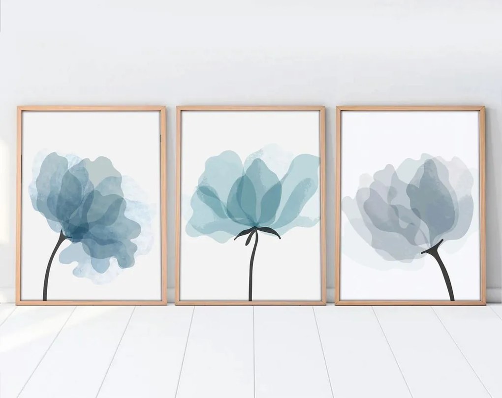 Falikép szett, 3 db, virágok, kék - fekete, 50x70 cm - TRIO