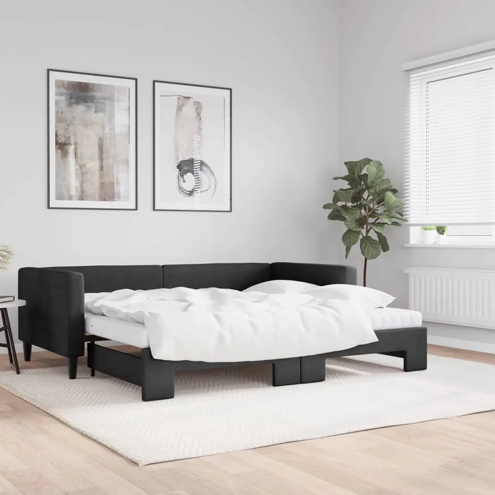 fekete kihúzható szövet heverő matracokkal 90 x 190 cm