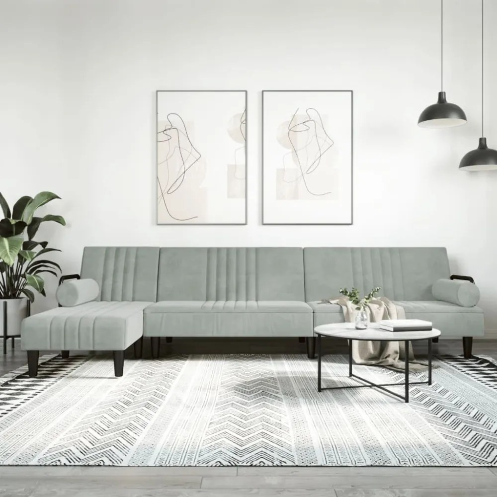 világosszürke L-alakú bársony kanapéágy 260x140x70 cm