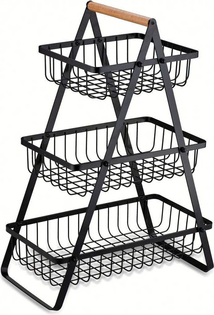 Gyümölcskosár fém fekete 3 szintes, fa nyéllel