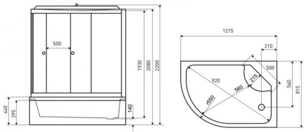 Jukon 80x120 cm aszimmetrikus hidromasszázs zuhanykabin jobbos