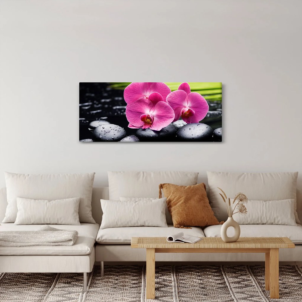Kép - Rózsaszín orchidea pálmalevéllel (120x50 cm)