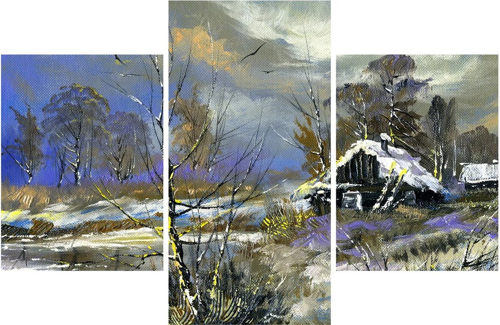 Téli tájon lévő házikó képe, olajfestmény (90x60 cm)