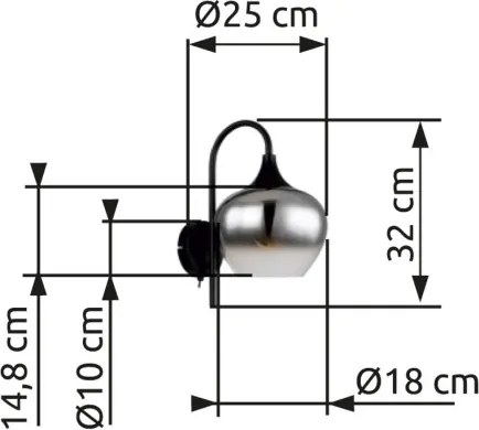 Globo 15548W Fali lámpa fém matt fekete, üveg füstszínű, billenőkapcsolóval, fényirány: lefelé, SZxM: 180x320mm, Mélység: 250mm, nem tartozék: 1x E27 40W 230V