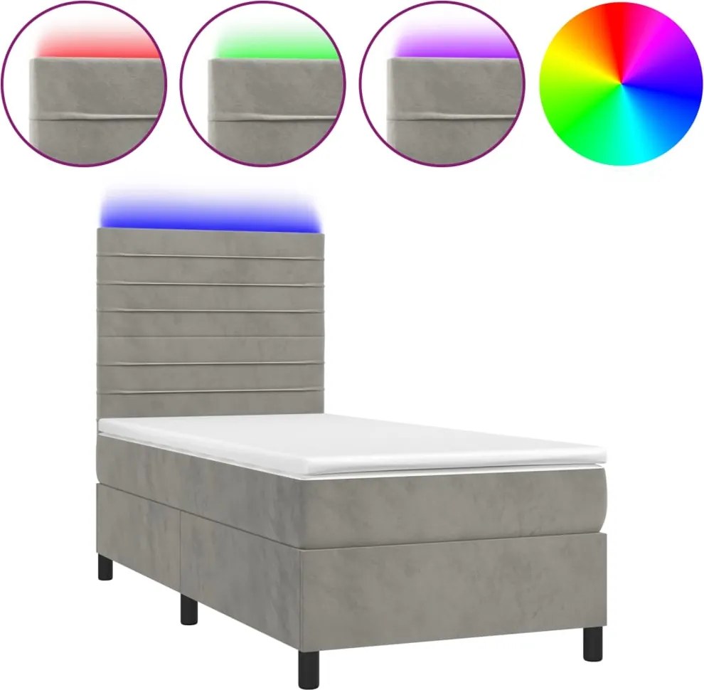 vidaXL világosszürke bársony rugós és LED-es ágy matraccal 80 x 200 cm