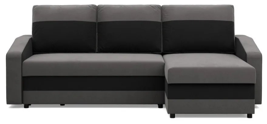 Hewlet sarokkanapé, 2 ágyneműtartóval, szövet anyag, univerzális oldal, hab töltet, szürke - fekete