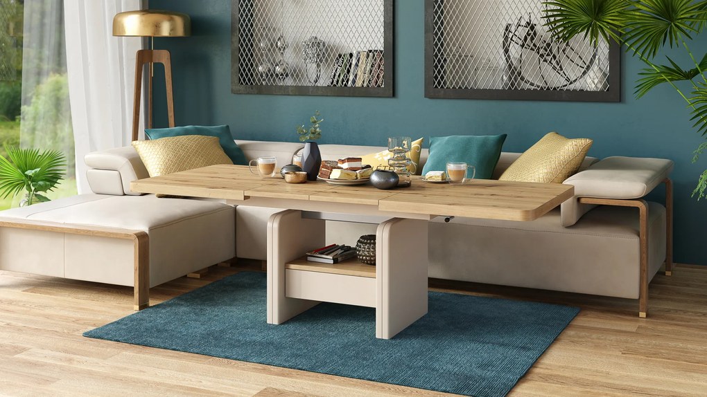 Mazzoni LEXUS Artisan Tölgy/Bézs (Pezsgőszínű) - MODERN DOHÁNYZÓASZTAL NYITHATÓ/MAGASÍTHATÓ ÉTKEZŐASZTAL ÉS DOHÁNYZÓASZTAL EGYBEN