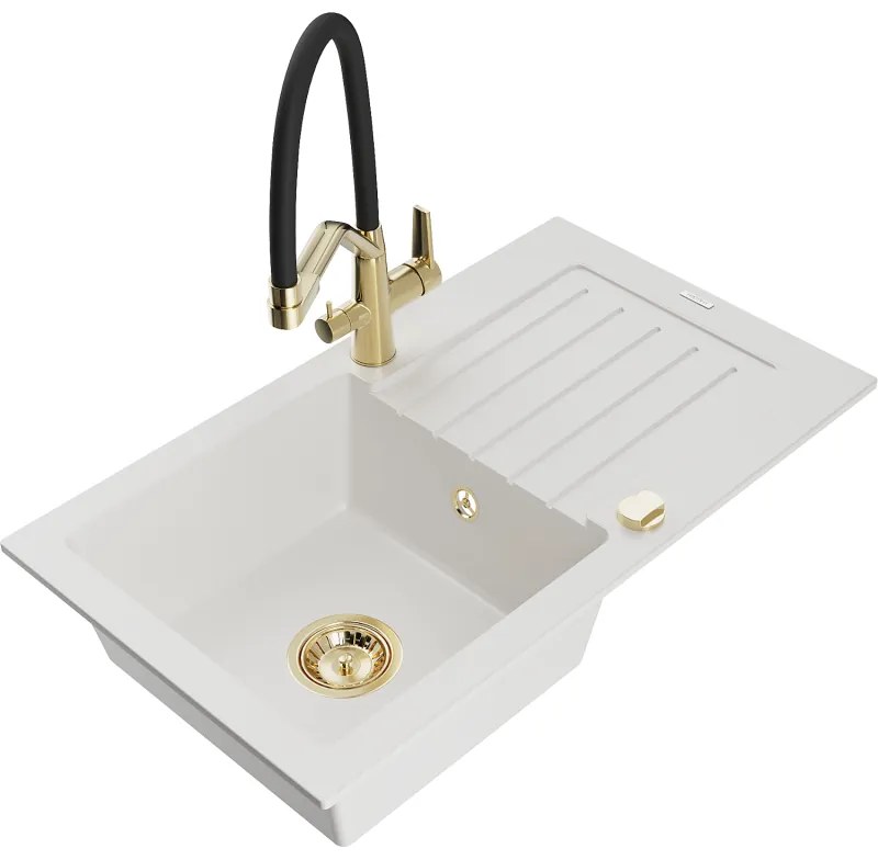 Mexen Pablo 1-medencés gránit mosogató csepegtetővel és Duo konyhai csapteleppel, fehér - 6510-20-671701-57-G