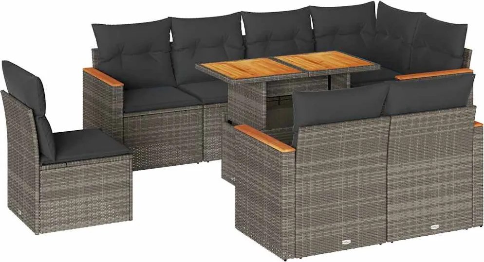 vidaXL 9 részes szürke polyrattan akácfa kerti ülőgarnitúra párnákkal