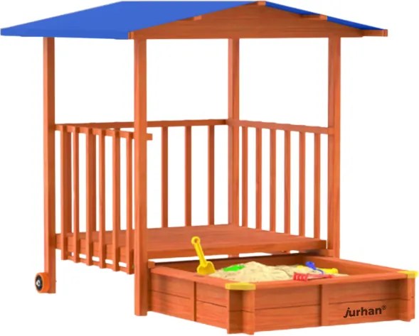 SUNNY verandás homokozó, 130x130x143cm, barna/kék Jurhan