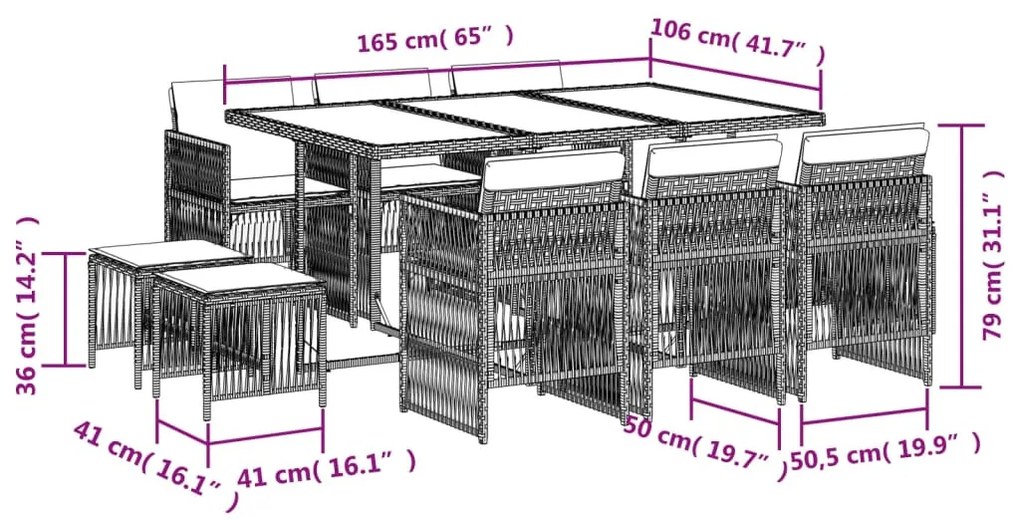 vidaXL 11 részes bézs polyrattan kerti étkezőgarnitúra párnákkal