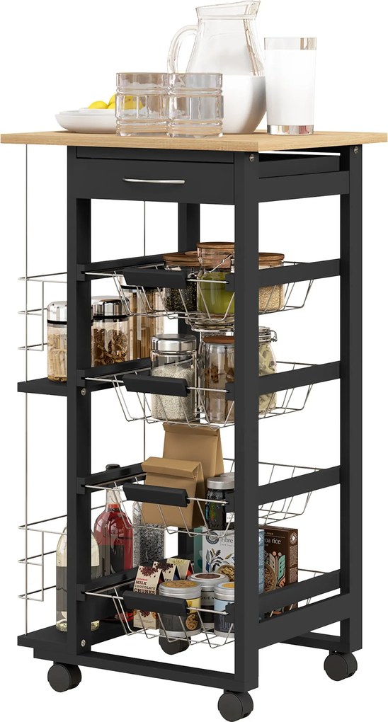 HOMCOM Konyhai Kocsi Kerekekkel, Többfunkciós Kocsi Fiókkal, 4 Kivehető Fém Kosárral és Oldalsó Polcokkal, 47x37x83 cm, Fekete és Natúr Fa | Aosom