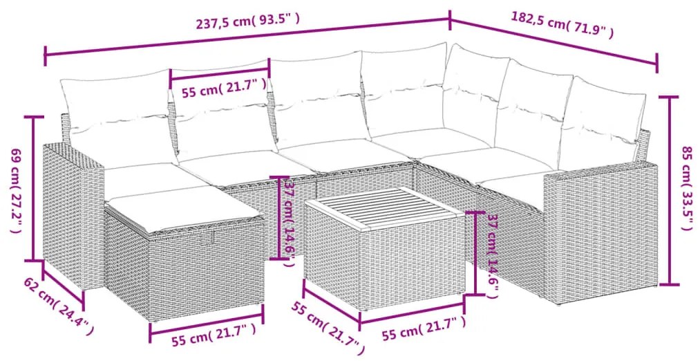 8 részes bézs polyrattan kerti ülőgarnitúra párnával