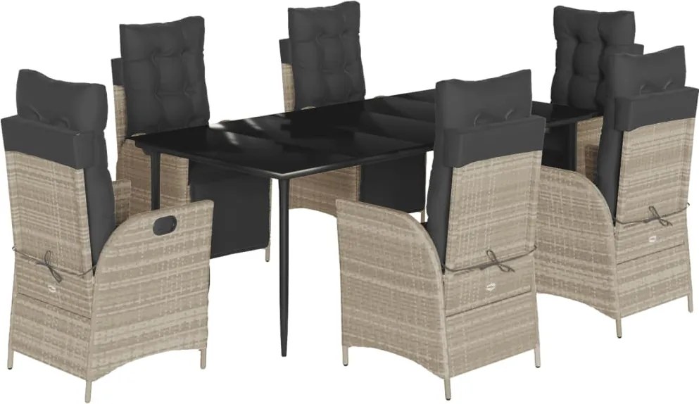vidaXL 7 részes világosszürke polyrattan kerti étkezőszett párnával