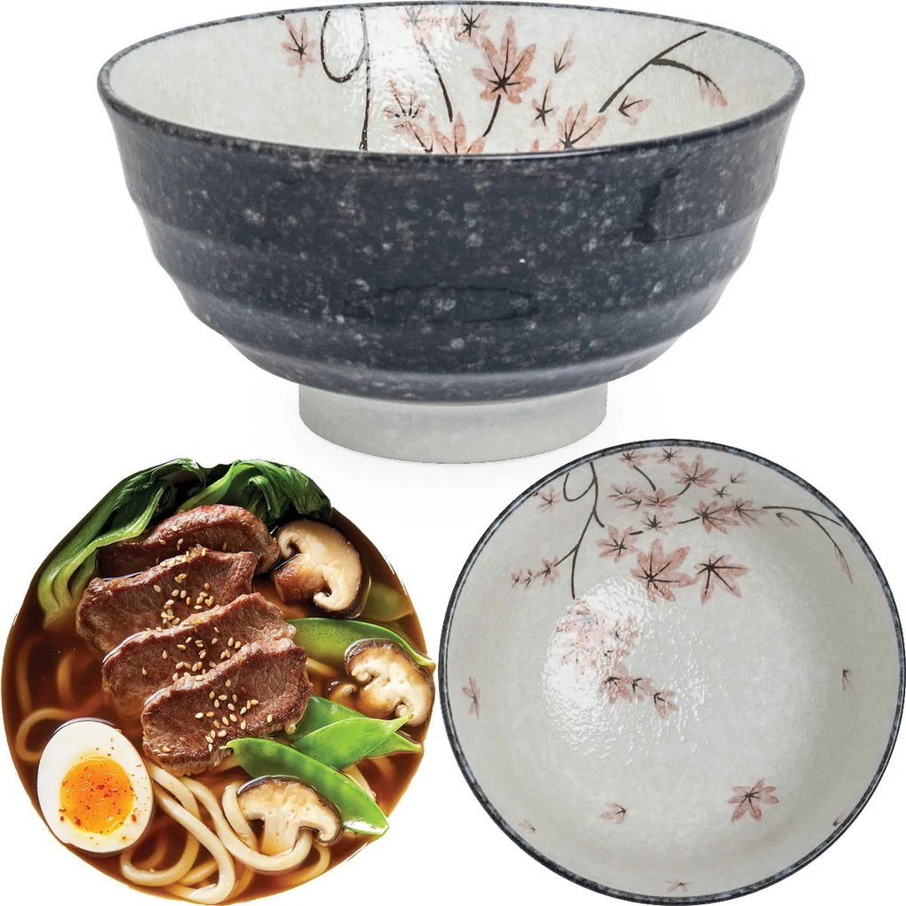 Tál Fehér-Fekete Leveses Tésztatál Udon Maple Leaf 17cm Edo Japan