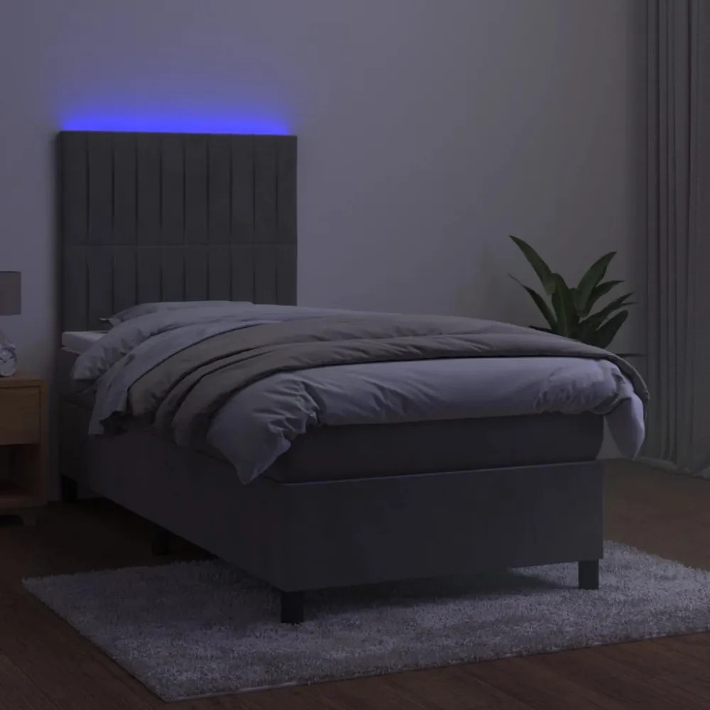 világosszürke bársony rugós és LED-es ágy matraccal 90x200 cm