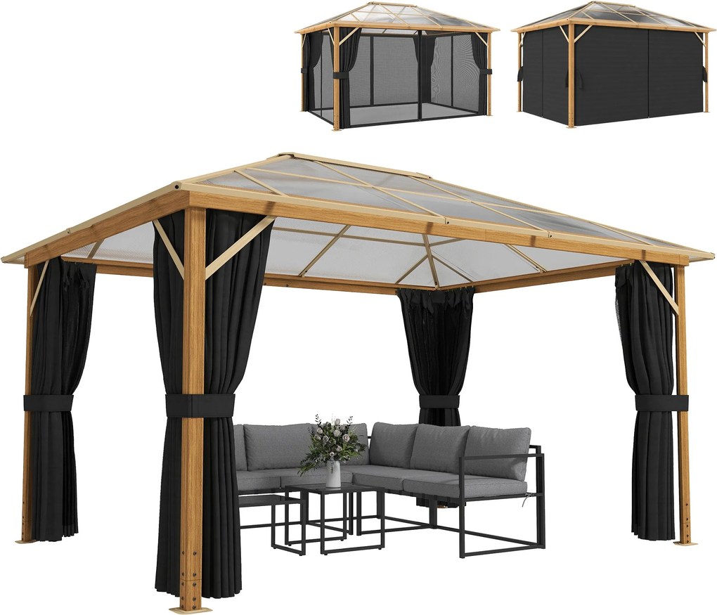 Outsunny 4 x 3 m alumínium kerti pavilon 6 mm polikarbonát merev tetővel, faerezetes kivitelben, szúnyoghálóval és 4 oldalfüggönnyel — téli viszonyokn